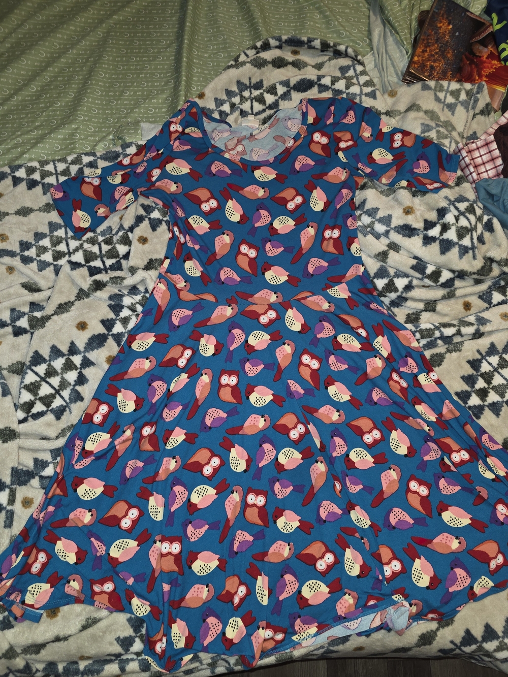 LuLaRoe Teal Midi Dress with Pink and Red Owl Print